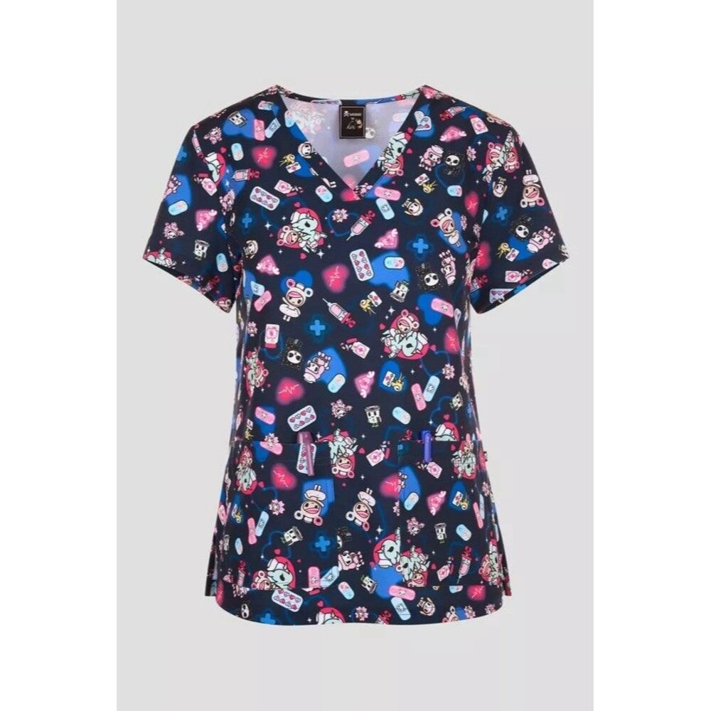 Koi Tokidoki Check Up Scrub Top Womens XL Retired Print Navy Nurse Kawaii